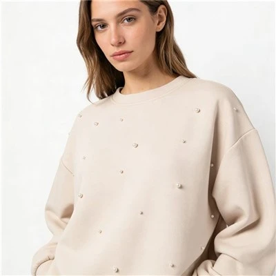 Camiseta feminina de malha de cor sólida-com pérola